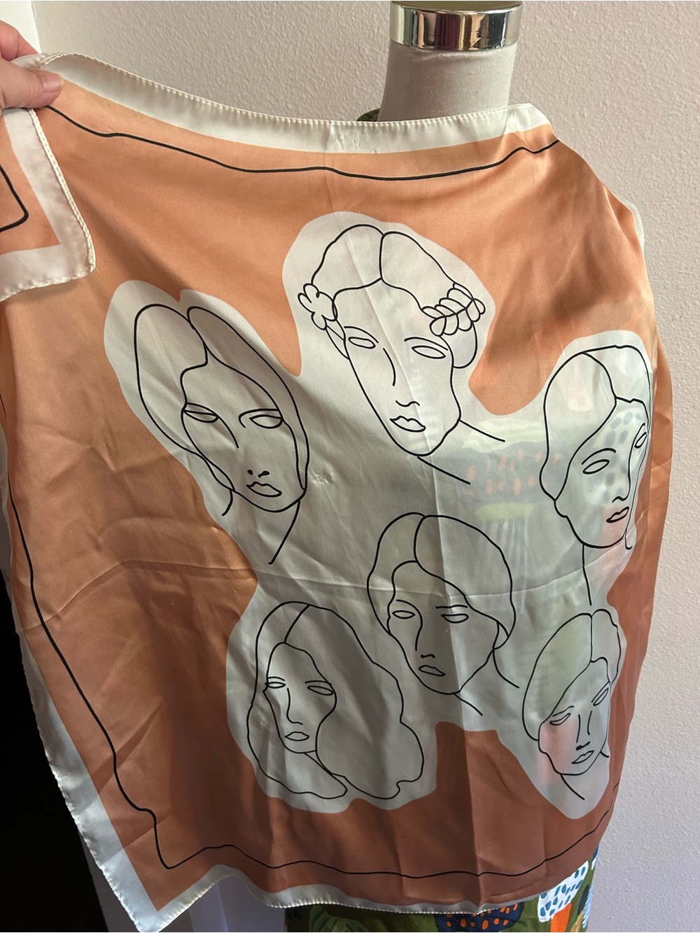 Line drawing Face Print Silk Scarf in Peach and Cream